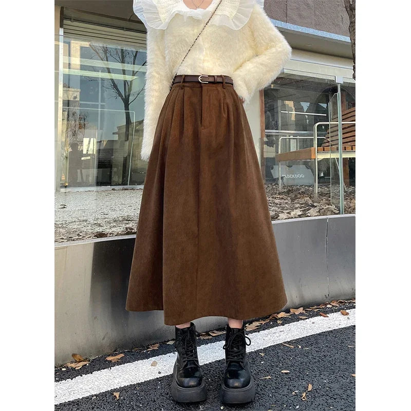 ESTELLE™ – Gonna Midi in Velluto a Coste con Cintura Classica