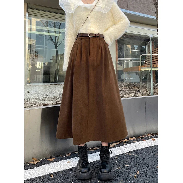 ESTELLE™ – Gonna Midi in Velluto a Coste con Cintura Classica