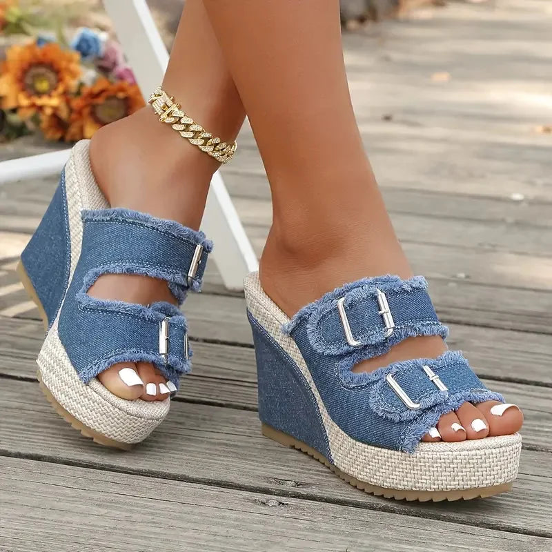 Sandali con zeppa in denim Elara