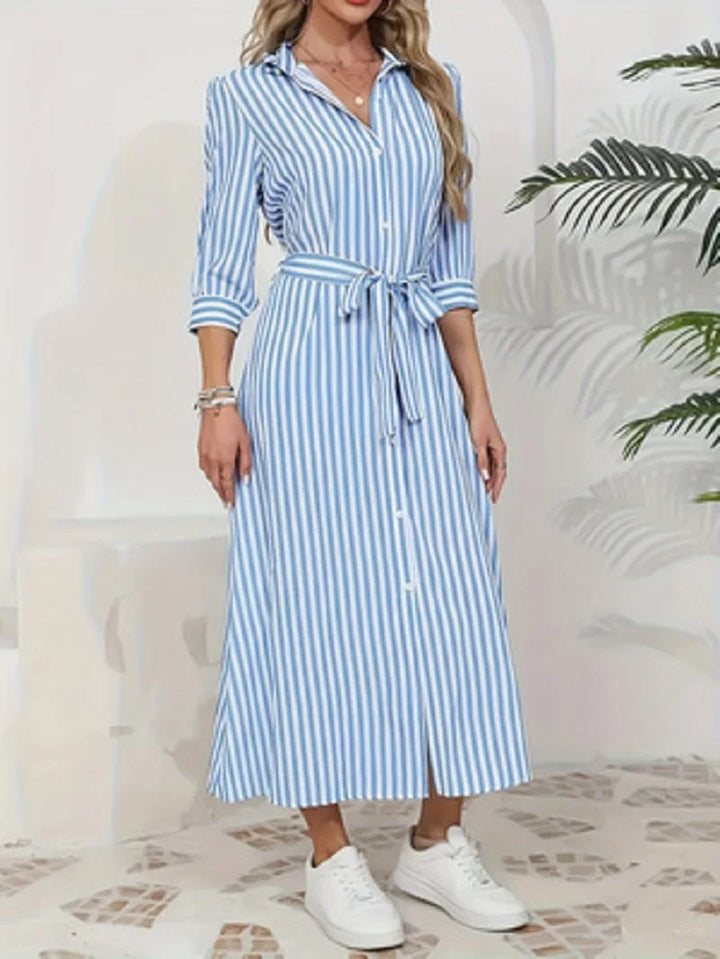 Odette | Blue Striped Button-Front Midi Shirt Dress