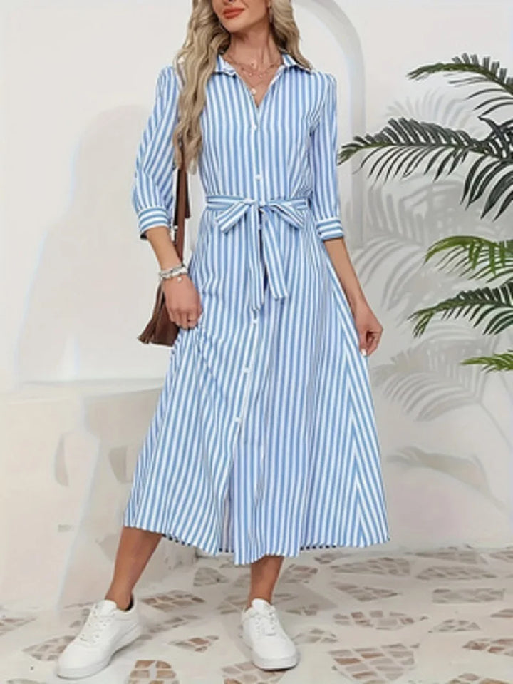 Odette | Blue Striped Button-Front Midi Shirt Dress
