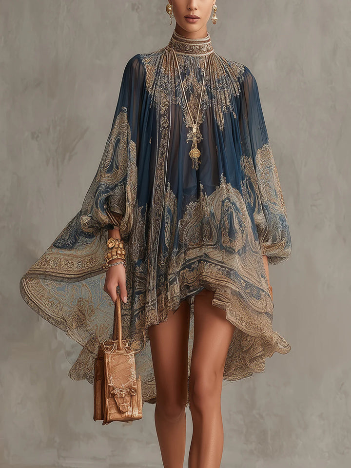 Marianna | Navy Blue Chiffon Mini Dress with Gold Baroque Print