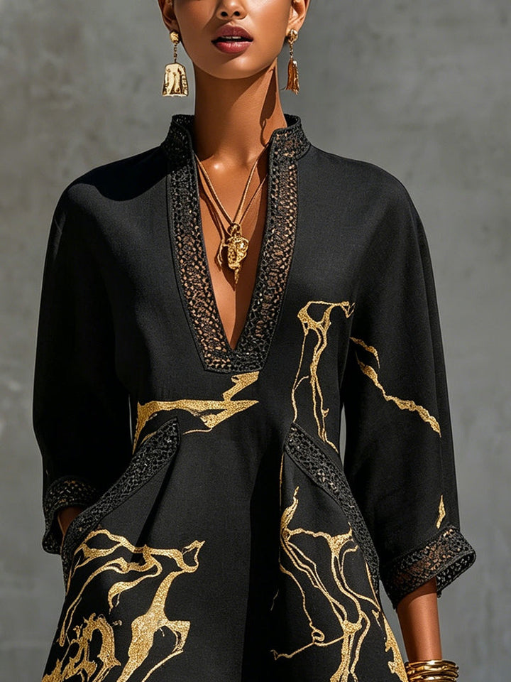 Donatella | Mini dress nero con stampa marmo dorata e pizzo crochet