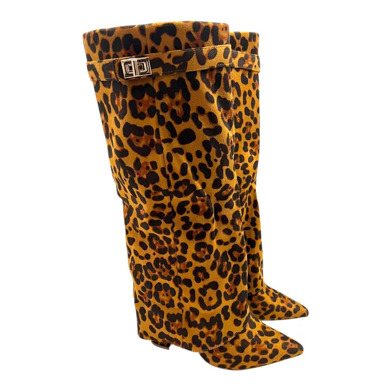 SARAH™ - Stivali Alti Donna con Tacco a Blocco in Pelle Scamosciata da 10 cm, Pieghevoli con Fibbia, Scarpe Eleganti da Passeggio