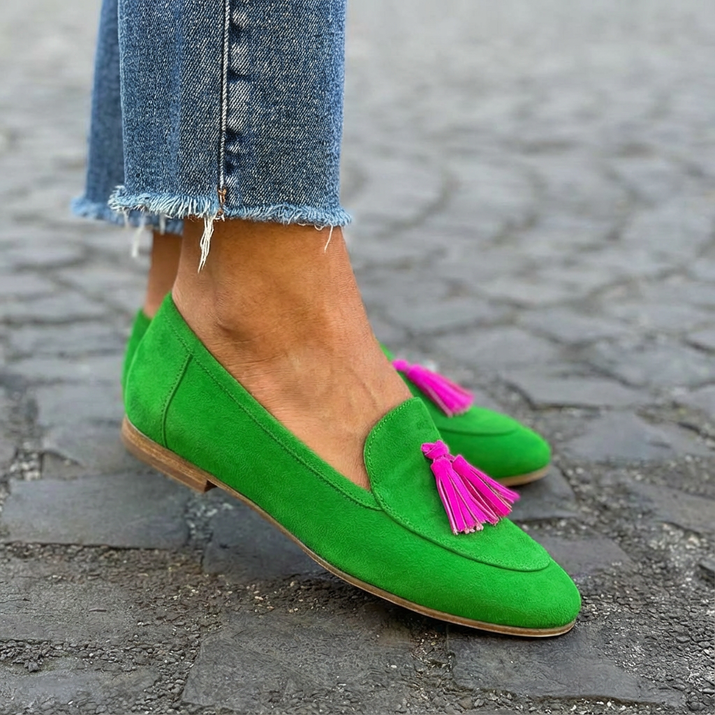 Isabela | Mocassino Verdi Con Frange Fucsia