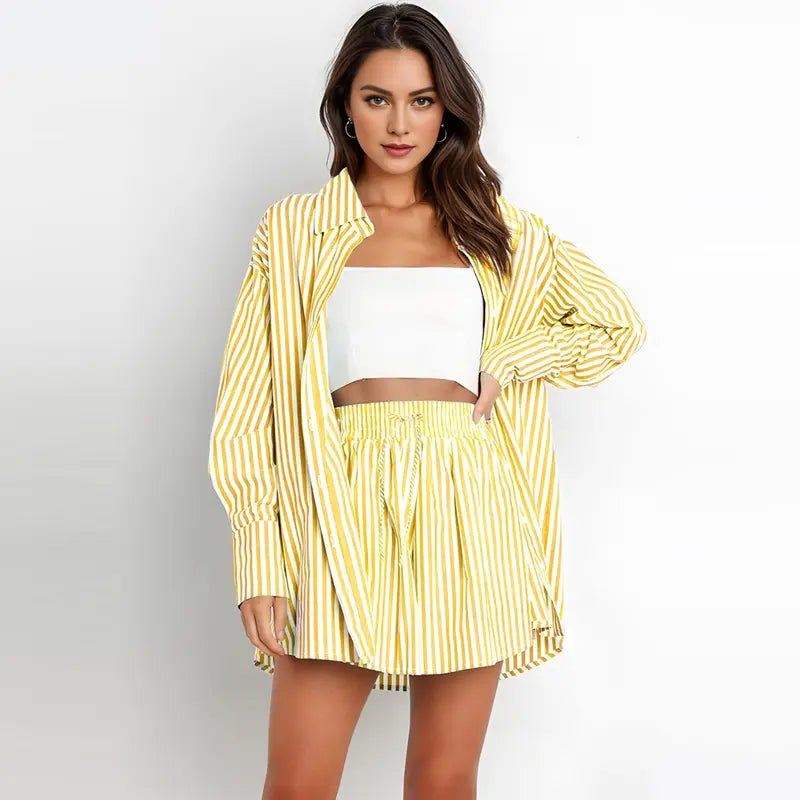 TIFY™ – Completo Coordinato Camicia a Righe con Colletto e Shorts a Gamba Larga