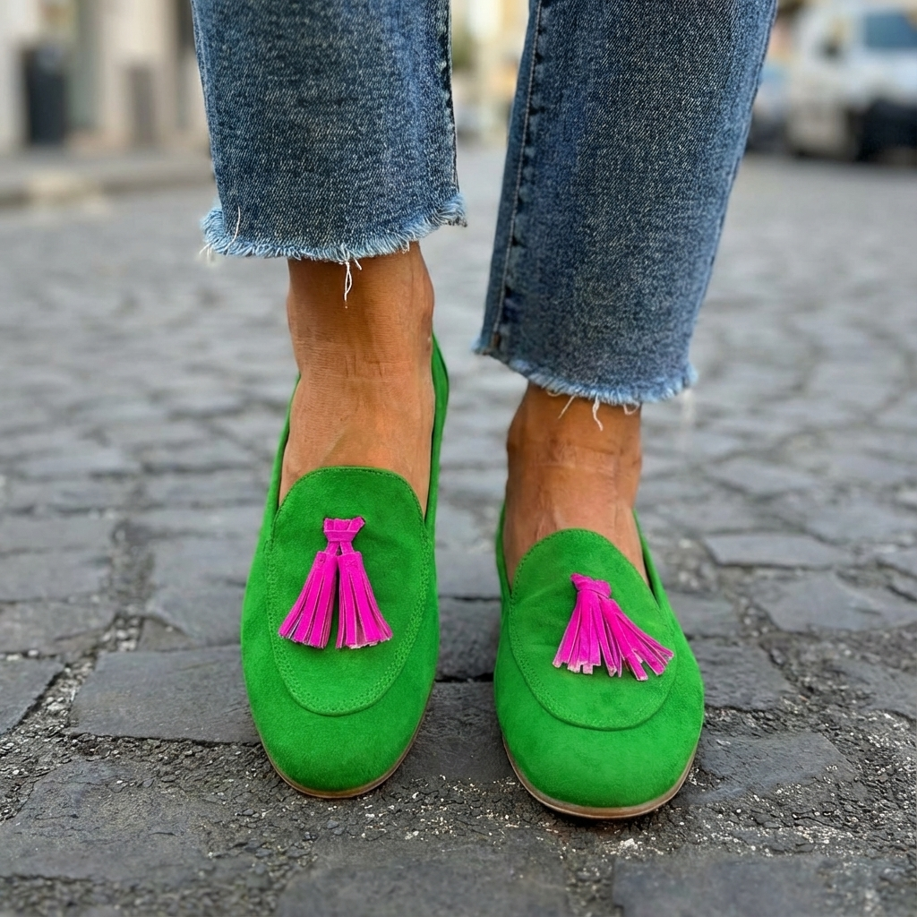 Isabela | Mocassino Verdi Con Frange Fucsia