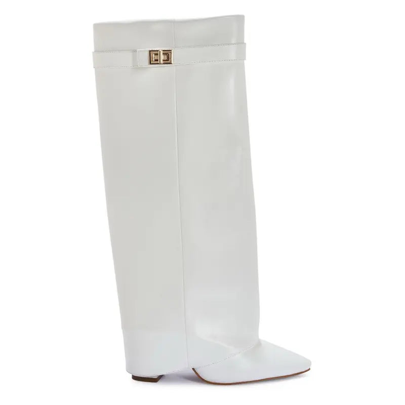 SARAH™ - Stivali Alti Donna con Tacco a Blocco in Pelle Scamosciata da 10 cm, Pieghevoli con Fibbia, Scarpe Eleganti da Passeggio