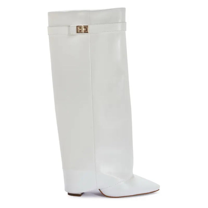 SARAH™ - Stivali Alti Donna con Tacco a Blocco in Pelle Scamosciata da 10 cm, Pieghevoli con Fibbia, Scarpe Eleganti da Passeggio