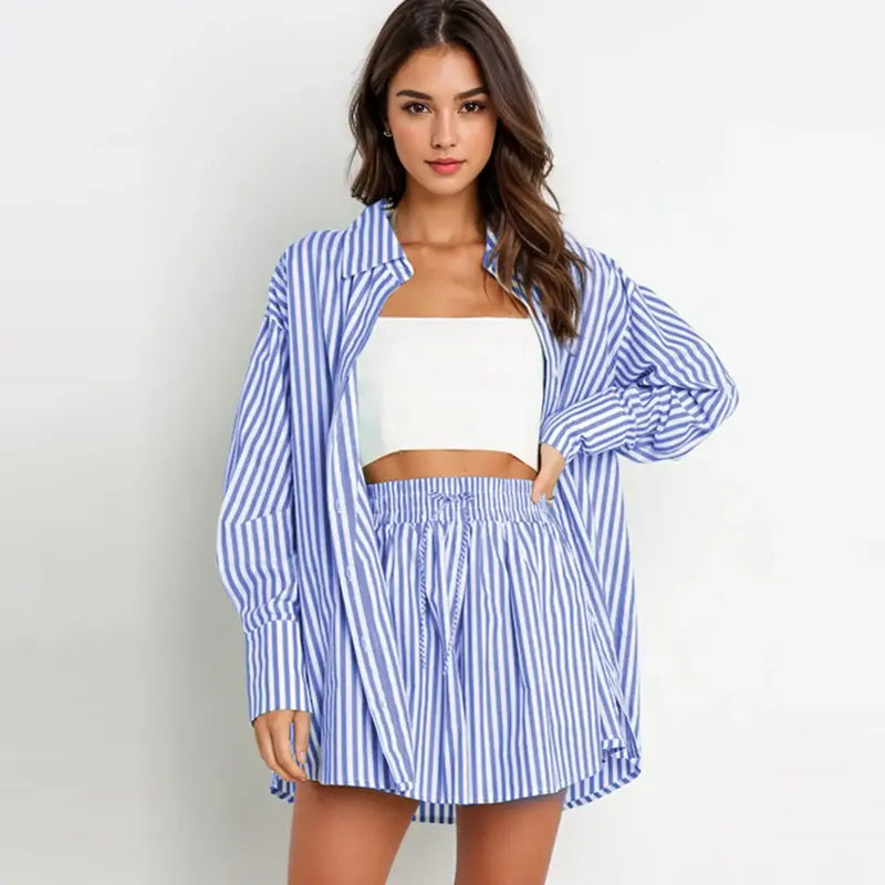 TIFY™ – Completo Coordinato Camicia a Righe con Colletto e Shorts a Gamba Larga