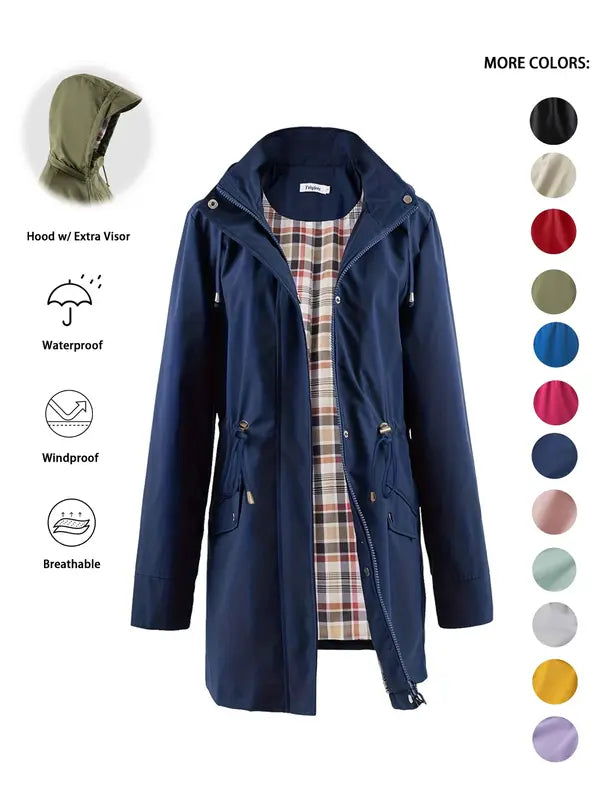 QING™ - Trench con cappuccio casual con coulisse e zip