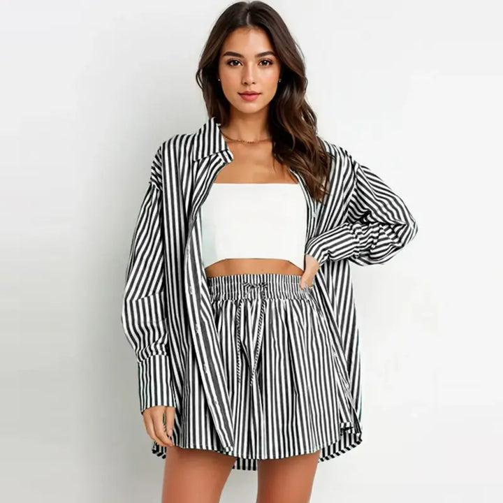 TIFY™ – Completo Coordinato Camicia a Righe con Colletto e Shorts a Gamba Larga