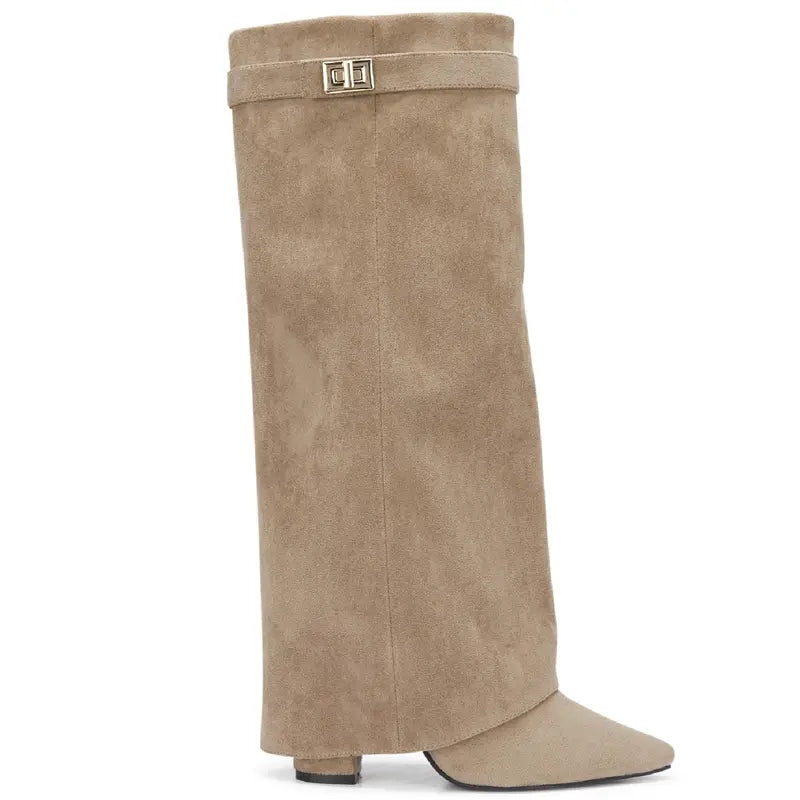 SARAH™ - Stivali Alti Donna con Tacco a Blocco in Pelle Scamosciata da 10 cm, Pieghevoli con Fibbia, Scarpe Eleganti da Passeggio