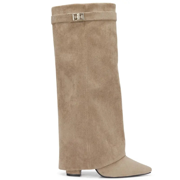 SARAH™ - Stivali Alti Donna con Tacco a Blocco in Pelle Scamosciata da 10 cm, Pieghevoli con Fibbia, Scarpe Eleganti da Passeggio