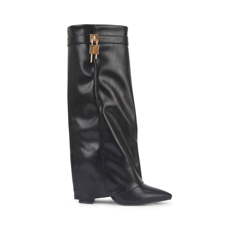 SARAH™ - Stivali Alti Donna con Tacco a Blocco in Pelle Scamosciata da 10 cm, Pieghevoli con Fibbia, Scarpe Eleganti da Passeggio
