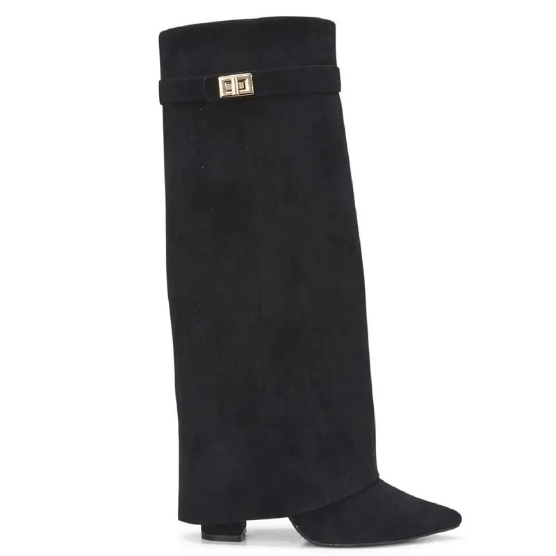 SARAH™ - Stivali Alti Donna con Tacco a Blocco in Pelle Scamosciata da 10 cm, Pieghevoli con Fibbia, Scarpe Eleganti da Passeggio
