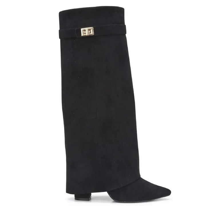 SARAH™ - Stivali Alti Donna con Tacco a Blocco in Pelle Scamosciata da 10 cm, Pieghevoli con Fibbia, Scarpe Eleganti da Passeggio