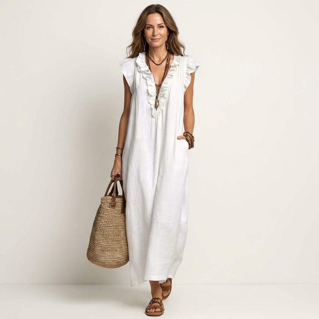 Josette | Vestito lungo in lino con scollo a V e balze