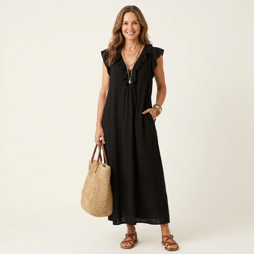 Josette | Vestito lungo in lino con scollo a V e balze