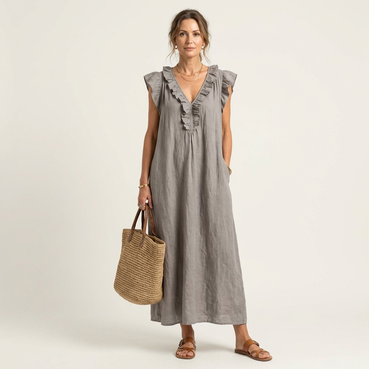 Josette | Vestito lungo in lino con scollo a V e balze