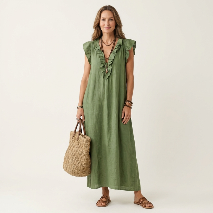 Josette | Vestito lungo in lino con scollo a V e balze