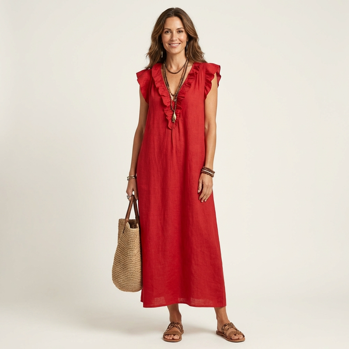 Josette | Vestito lungo in lino con scollo a V e balze
