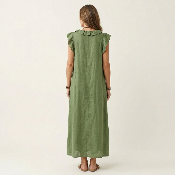 Josette | Vestito lungo in lino con scollo a V e balze