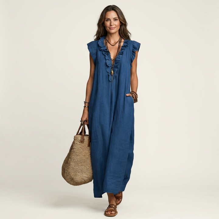 Josette | Vestito lungo in lino con scollo a V e balze
