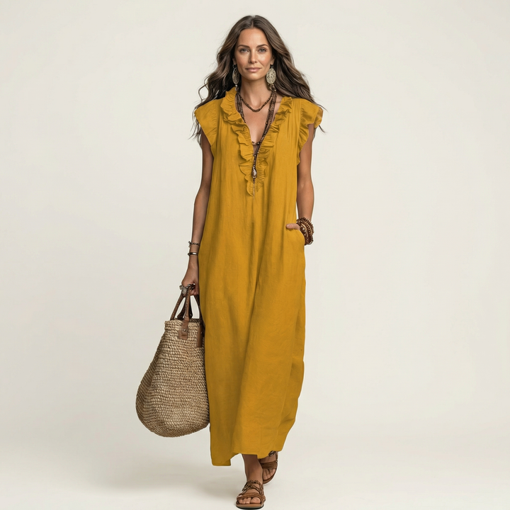 Josette | Vestito lungo in lino con scollo a V e balze