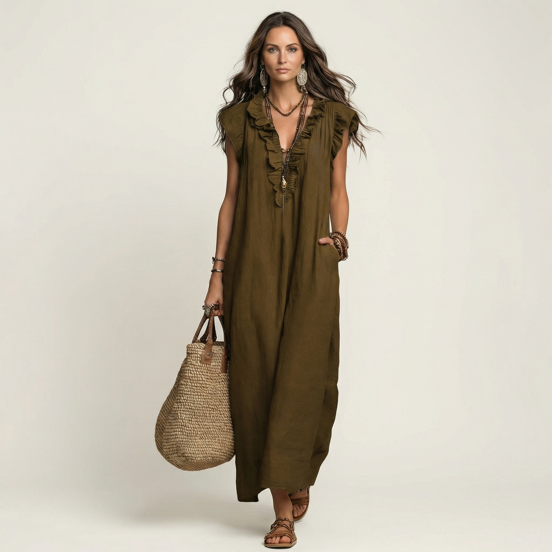 Josette | Vestito lungo in lino con scollo a V e balze