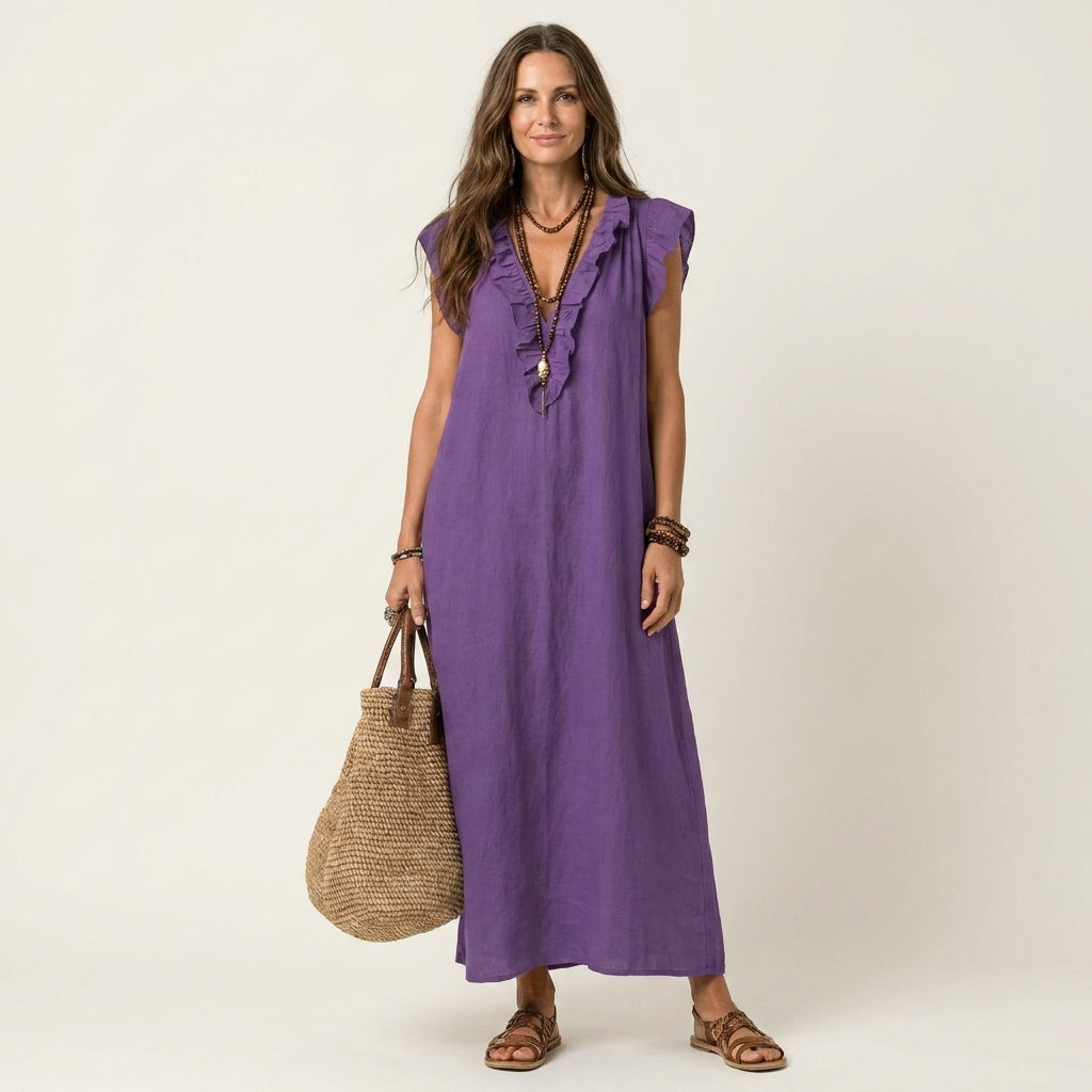 Josette | Vestito lungo in lino con scollo a V e balze