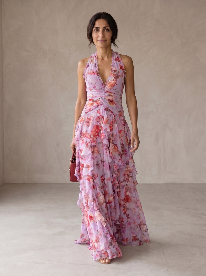 Belladina | Romantic Rose Waterfall Halter Neck Maxi Dress